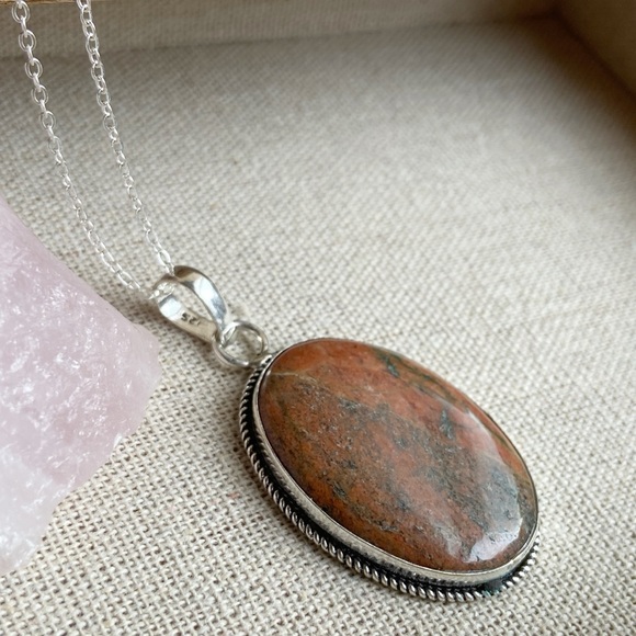 Alquimia Jewelry - Huge Unakite oval silver Victorian pendant necklace
